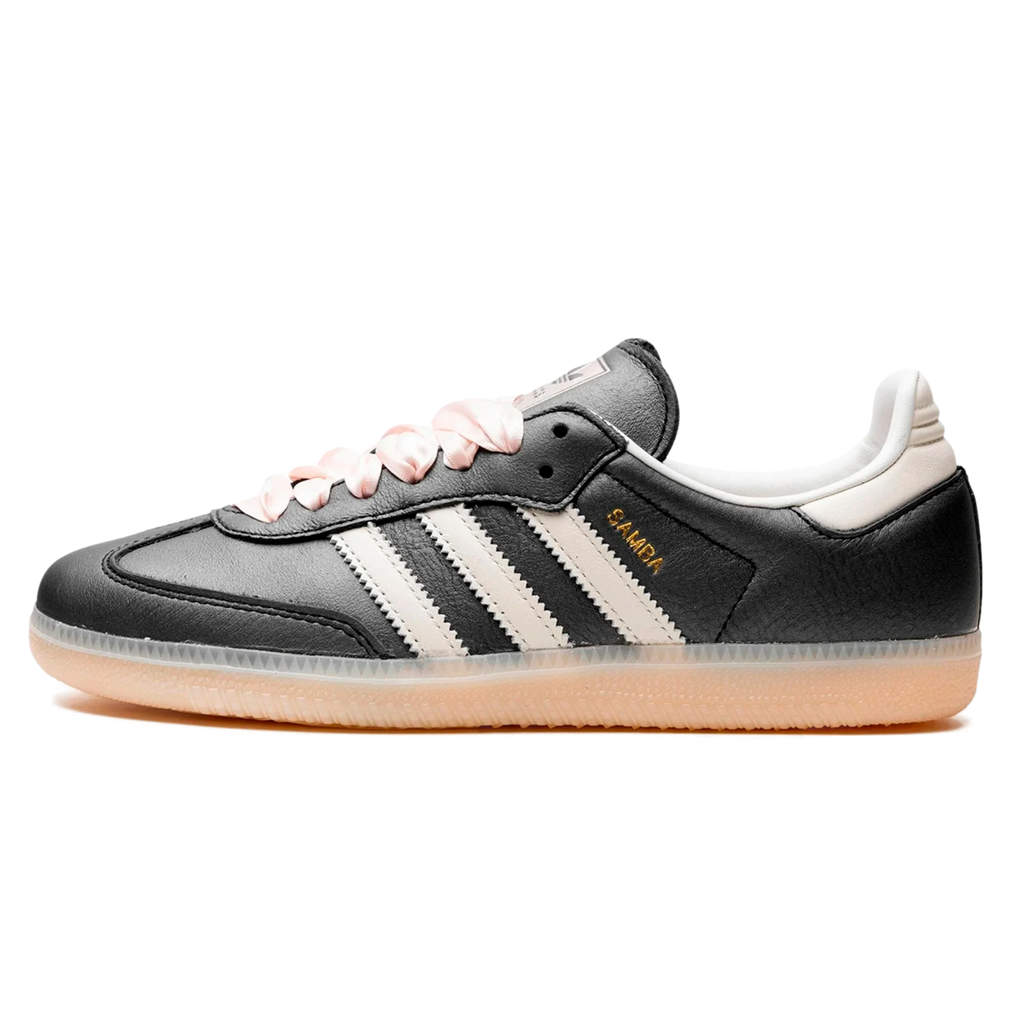 Tênis Adidas Samba Feminino preto com cadarço em cetim rosa.